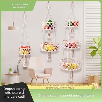 Coș de depozitare împletit manual din sfoară de bumbac, cu inel din bambus, coș suspendat multistrat pentru fructe și legume, cu ciucuri – decor boem