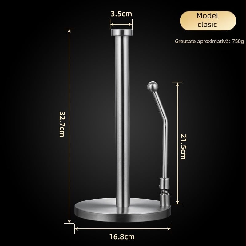 Suport vertical pentru prosoape de bucătărie din oțel inox, finisaj mat, formă circulară, spațiu de depozitare folie plastică