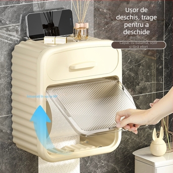 Cutie de perete pentru hârtie igienică, model ZJH01, material PP, impermeabilă și multifuncțională, pentru role de hârtie