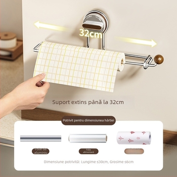 Hedou C Suport cu ventuză pentru hârtie de bucătărie, montaj fără găuri, formă rotundă, materiale: oțel inoxidabil + ABS + lemn + gel de siliciu