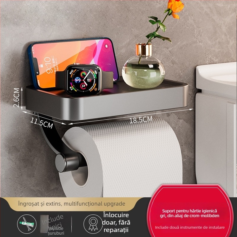 Suport de hârtie igienică montat pe perete pentru baie — aluminiu spațial, formă pătrată, vopsire la înaltă temperatură, stil lux lejer.