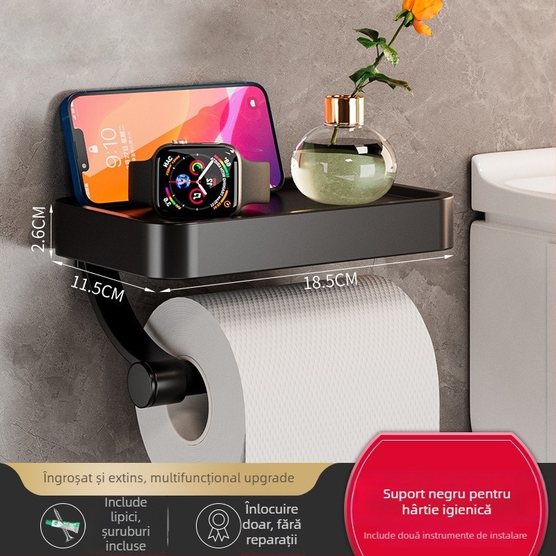 Suport de hârtie igienică montat pe perete pentru baie — aluminiu spațial, formă pătrată, vopsire la înaltă temperatură, stil lux lejer.