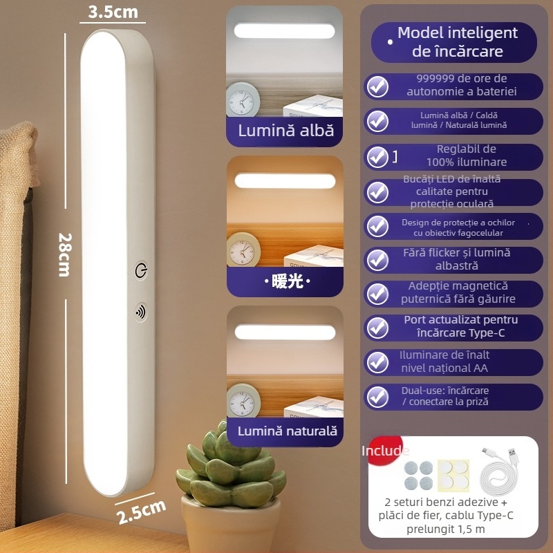 Lampă pentru pat supratent cu cârlig magnetic, întrerupător tactil, baterie încorporată, 5W, CRI ≥95