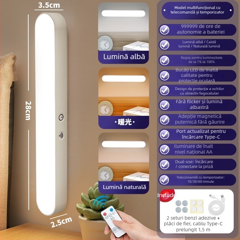 Lampă pentru pat supratent cu cârlig magnetic, întrerupător tactil, baterie încorporată, 5W, CRI ≥95