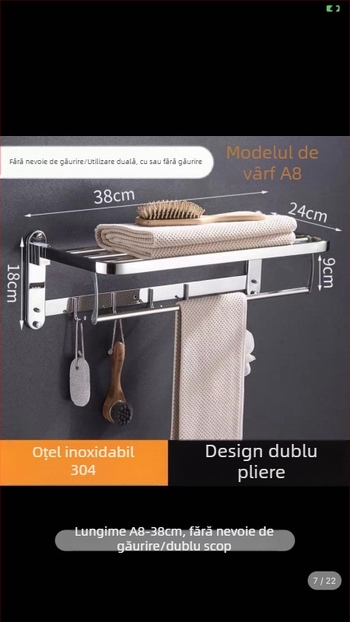 Raft de prosoape din oțel inoxidabil, pliabil, montat pe perete, set de 5 piese, design modern minimalist