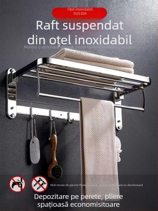 Raft de prosoape din oțel inoxidabil, pliabil, montat pe perete, set de 5 piese, design modern minimalist