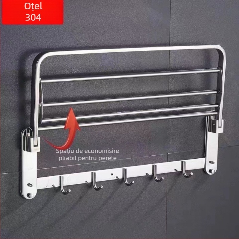 Raft de prosoape din oțel inoxidabil, pliabil, montat pe perete, set de 5 piese, design modern minimalist