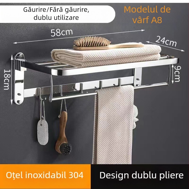 Raft de prosoape din oțel inoxidabil, pliabil, montat pe perete, set de 5 piese, design modern minimalist
