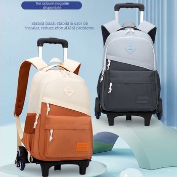 Sac de școală cu roți pentru elevii din învățământ primar – Nylon, roți cu direcție unică, bretea cu pernă de aer, respirabil, impermeabil, model solid, 1254