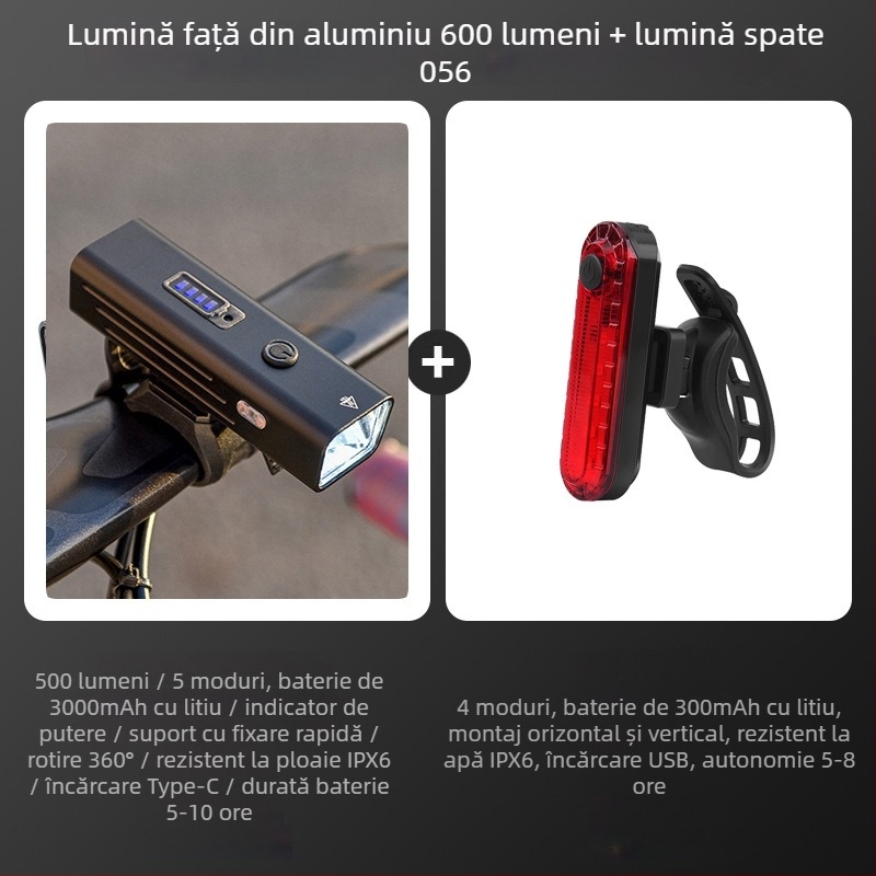 Lumină pentru bicicletă din aliaj de aluminiu, încărcare USB, rezistentă la apă, pentru plimbări nocturne pe bicicletă de munte