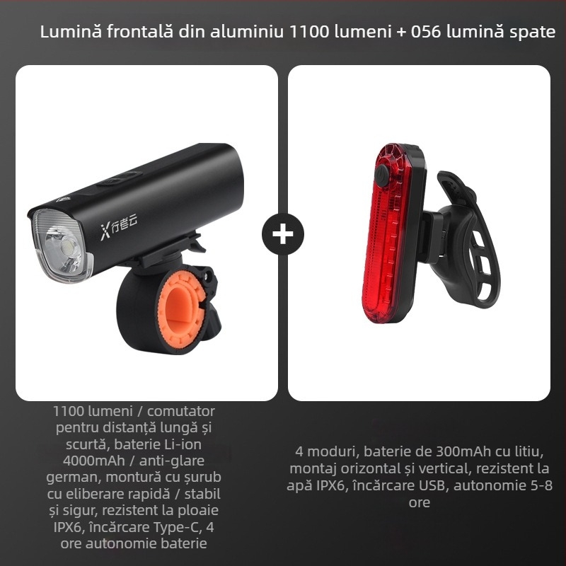 Lumină pentru bicicletă din aliaj de aluminiu, încărcare USB, rezistentă la apă, pentru plimbări nocturne pe bicicletă de munte