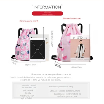 Rucsac cu șnur pentru fete — stil desen animat drăguț, nylon, capacitate sub 20 L, potrivit pentru fete și pentru școala primară