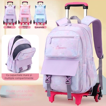 Rucsac școlar cu roți pentru fete, ușor, stilat, cu capacitate mare (Material: Nylon; Funcții: respirabil, impermeabil, rezistent la uzură, anti-furt; Roți: unidirecționale; Model: 1255#)