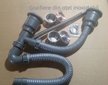 Kit de scurgere pentru chiuveta dublă de bucătărie, cu funcție de deodorare (model 50 țevi, plastic, design cu două capete, tip ridicare)
