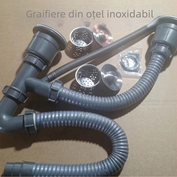 Kit de scurgere pentru chiuveta dublă de bucătărie, cu funcție de deodorare (model 50 țevi, plastic, design cu două capete, tip ridicare)