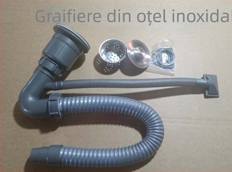 Kit de scurgere pentru chiuveta dublă de bucătărie, cu funcție de deodorare (model 50 țevi, plastic, design cu două capete, tip ridicare)
