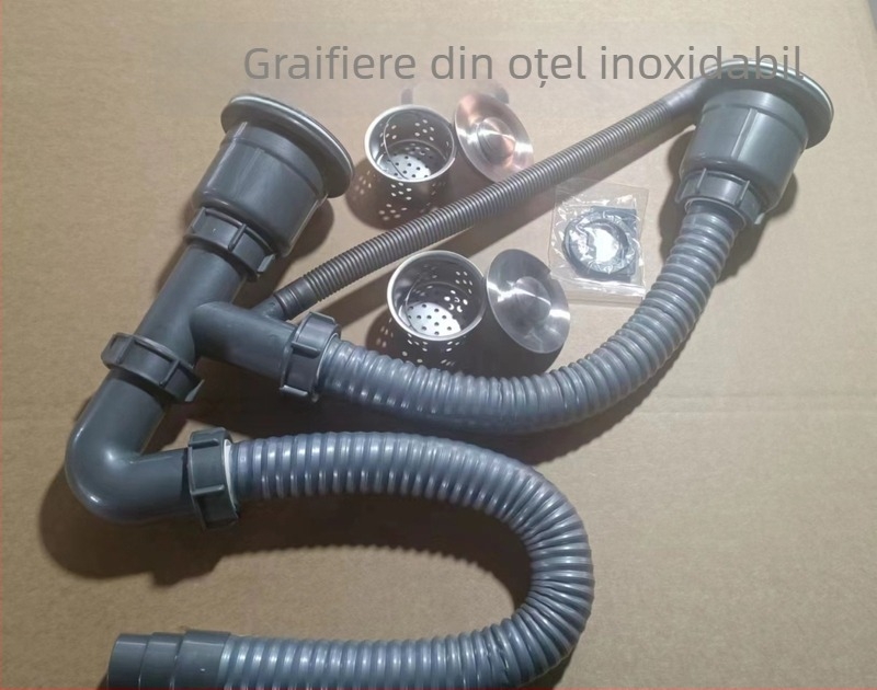 Kit de scurgere pentru chiuveta dublă de bucătărie, cu funcție de deodorare (model 50 țevi, plastic, design cu două capete, tip ridicare)
