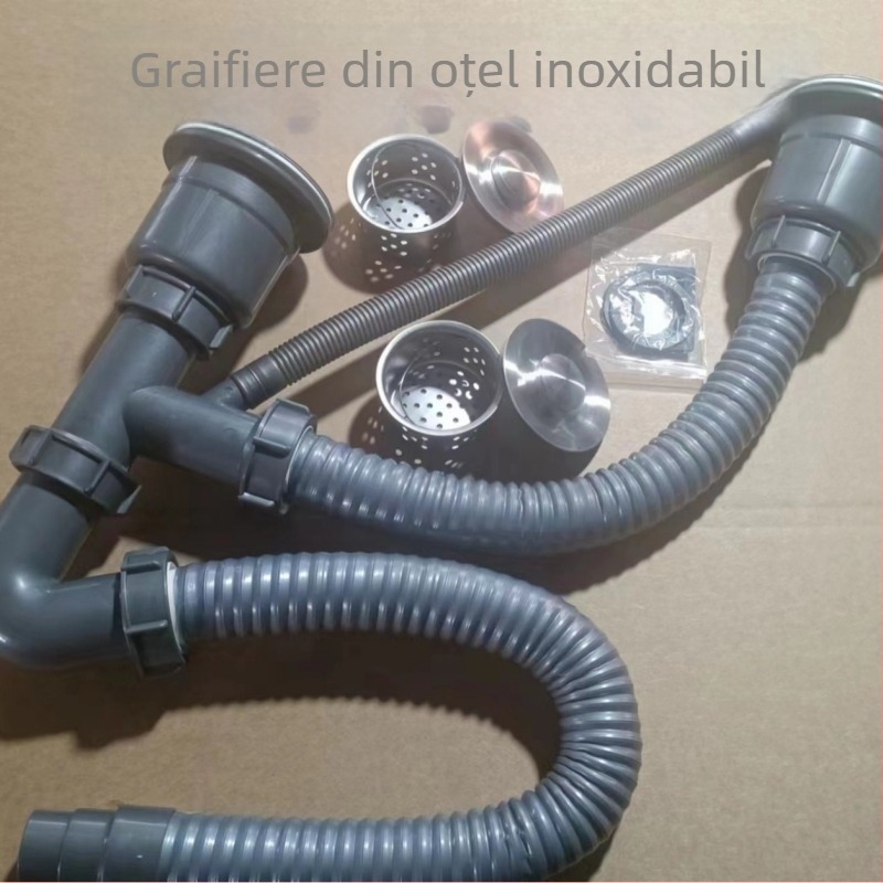 Kit de scurgere pentru chiuveta dublă de bucătărie, cu funcție de deodorare (model 50 țevi, plastic, design cu două capete, tip ridicare)