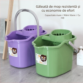 Găleată mop cu roți, mecanism de stoarcere prin răsucire, plastic îngroșat, coș de scurgere; rezistență la coroziune nivel 10, sarcină >10 kg, rată de uscare 70–80%