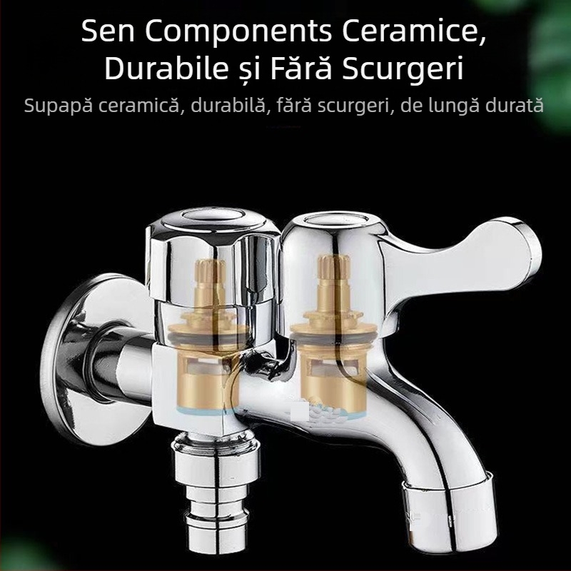 Robinet cupru multifuncțional pentru mașina de spălat, utilizare înainte și înapoi, intrare 1 către 2 ieșiri, cartuș ceramic, conectică 20 mm, montaj manual, acționare prin ridicare