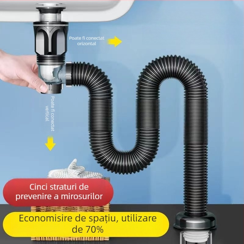 Set de canalizare pentru chiuveta de baie cu prevenire a mirosurilor, material ABS, formă P-bend, tip flip, model Brushed horizontal row, marcă Long Whale