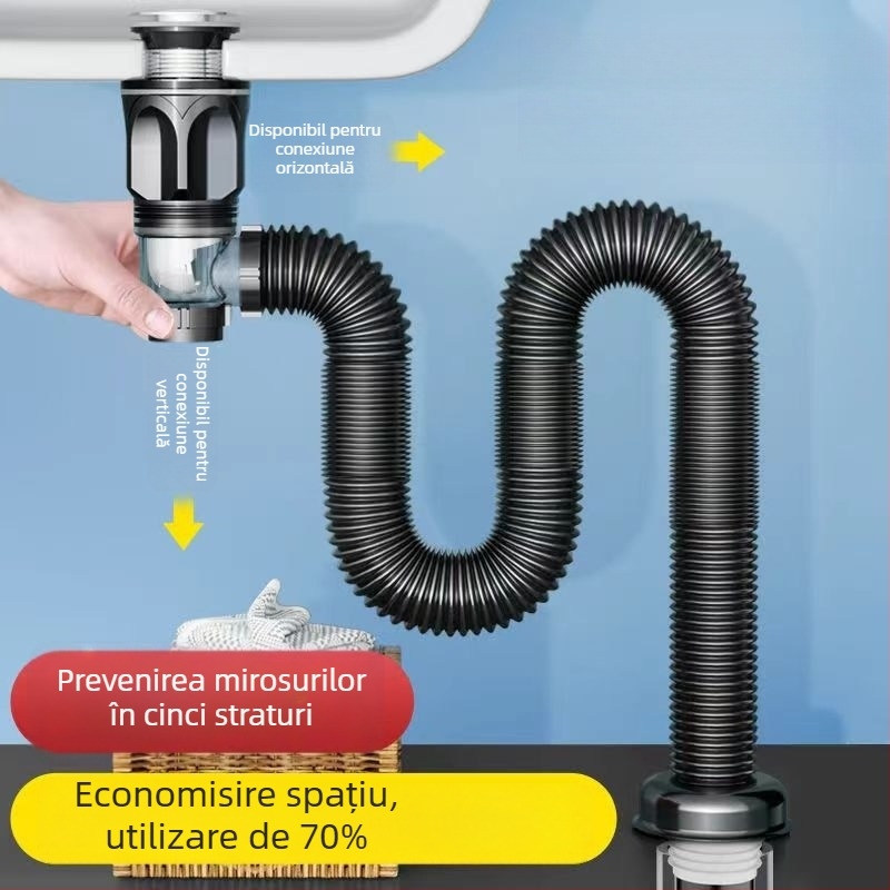 Set de canalizare pentru chiuveta de baie cu prevenire a mirosurilor, material ABS, formă P-bend, tip flip, model Brushed horizontal row, marcă Long Whale
