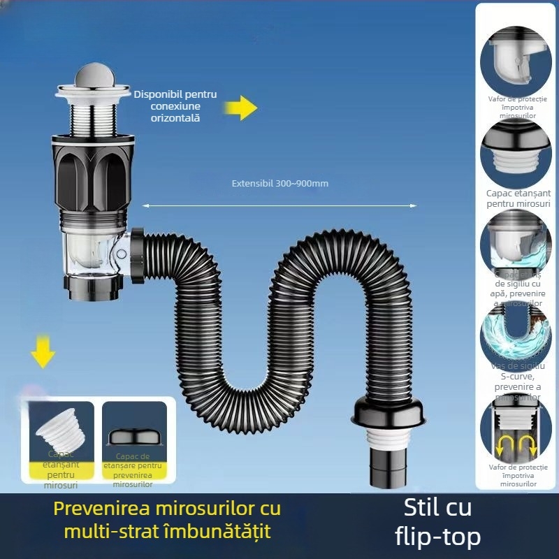 Set de canalizare pentru chiuveta de baie cu prevenire a mirosurilor, material ABS, formă P-bend, tip flip, model Brushed horizontal row, marcă Long Whale