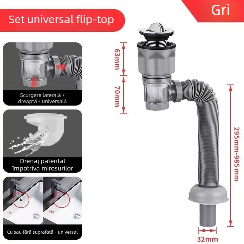 Set de canalizare pentru chiuveta de baie cu prevenire a mirosurilor, material ABS, formă P-bend, tip flip, model Brushed horizontal row, marcă Long Whale