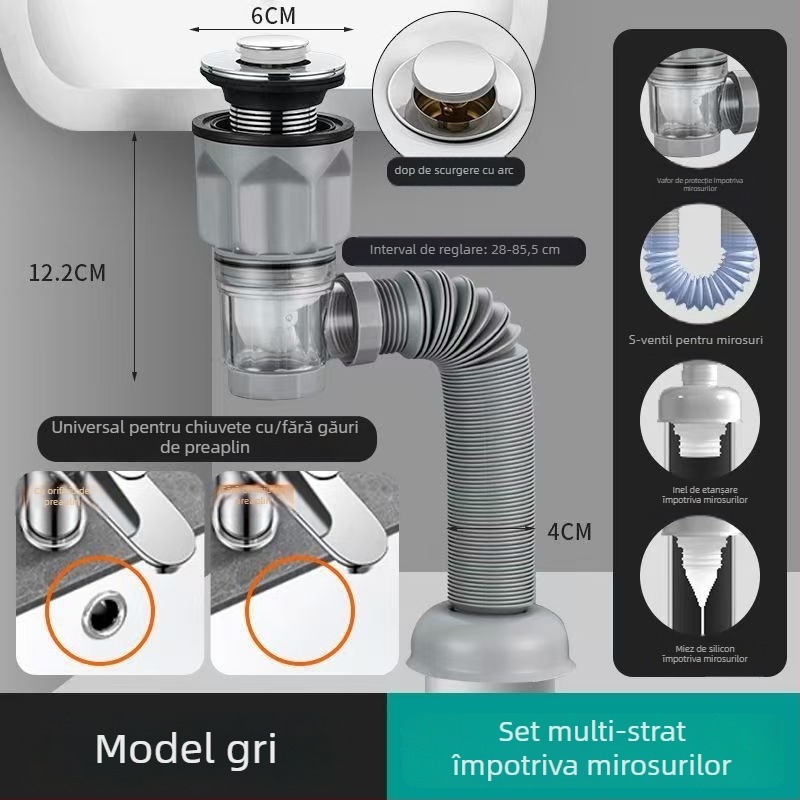 Set de canalizare pentru chiuveta de baie cu prevenire a mirosurilor, material ABS, formă P-bend, tip flip, model Brushed horizontal row, marcă Long Whale