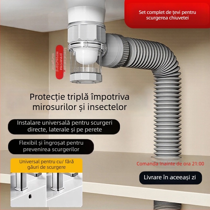 Set de drenaj pentru chiuvetă cu funcție anti-miros | Model: Sewer pipe; Formă: cap de apă dublu; Tip: de ridicare; Material: EVA; Cod produs: SCZ111