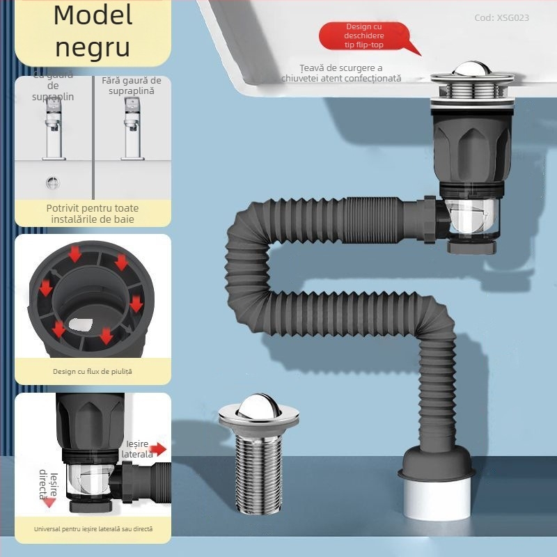 Set de drenaj pentru chiuvetă cu funcție anti-miros | Model: Sewer pipe; Formă: cap de apă dublu; Tip: de ridicare; Material: EVA; Cod produs: SCZ111