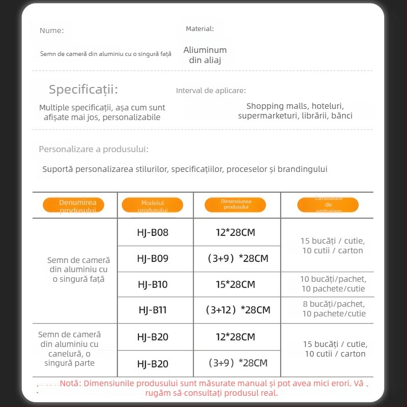 Tablă unilaterală de departament din aliaj de aluminiu cu canal; semn gol orizontal și vertical; semn metalic pentru ușă