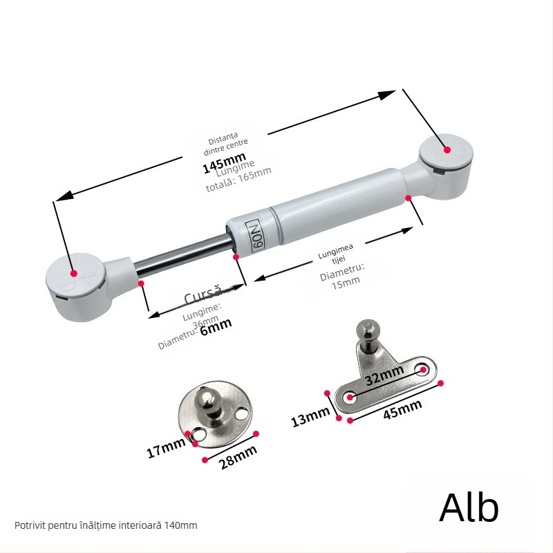 Bară cu aer pentru uși, cadru din aluminiu – compactă, forță 60N/80N, distanță centrală 145/160/270mm, pentru dulapuri de perete, garderobe și biblioteci