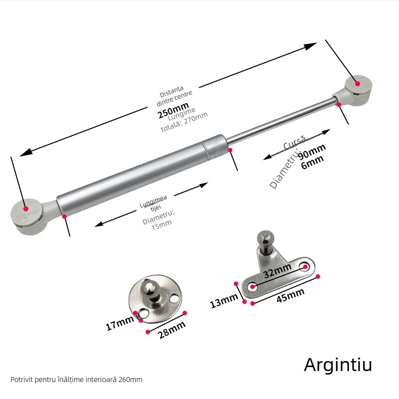 Bară cu aer pentru uși, cadru din aluminiu – compactă, forță 60N/80N, distanță centrală 145/160/270mm, pentru dulapuri de perete, garderobe și biblioteci