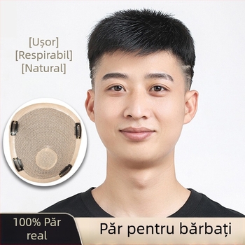 Perucă masculină tip bloc pentru partea superioară, realizată mecanic, păr uman, poate fi ondată sau vopsită, acoperă căderea părului