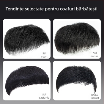 Perucă masculină tip bloc pentru partea superioară, realizată mecanic, păr uman, poate fi ondată sau vopsită, acoperă căderea părului