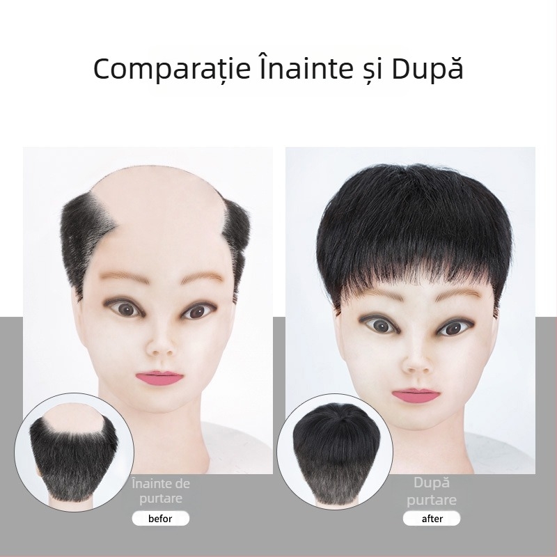 Perucă masculină tip bloc pentru partea superioară, realizată mecanic, păr uman, poate fi ondată sau vopsită, acoperă căderea părului
