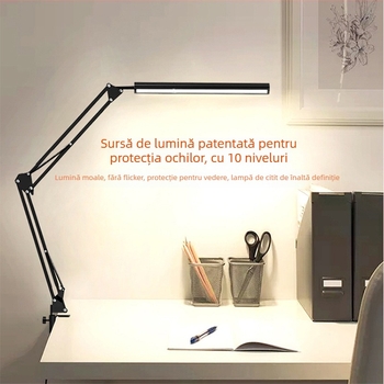Lampă de birou LED cu braț lung și pliabilă pentru studiu și camin – protecție a ochilor, telecomandă, alimentare USB, abajur metalic, CRI ≥90