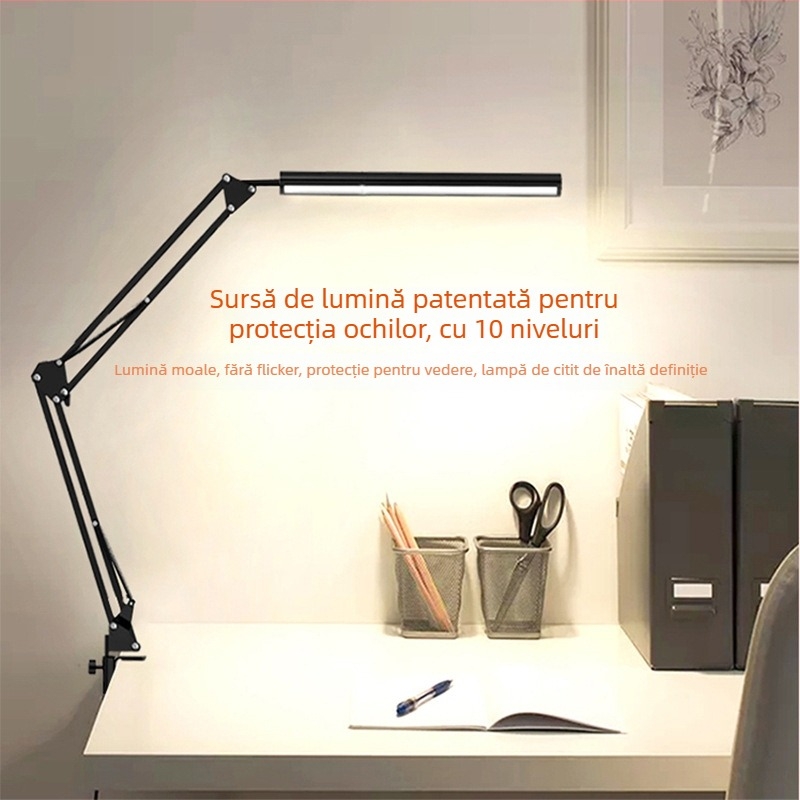 Lampă de birou LED cu braț lung și pliabilă pentru studiu și camin – protecție a ochilor, telecomandă, alimentare USB, abajur metalic, CRI ≥90