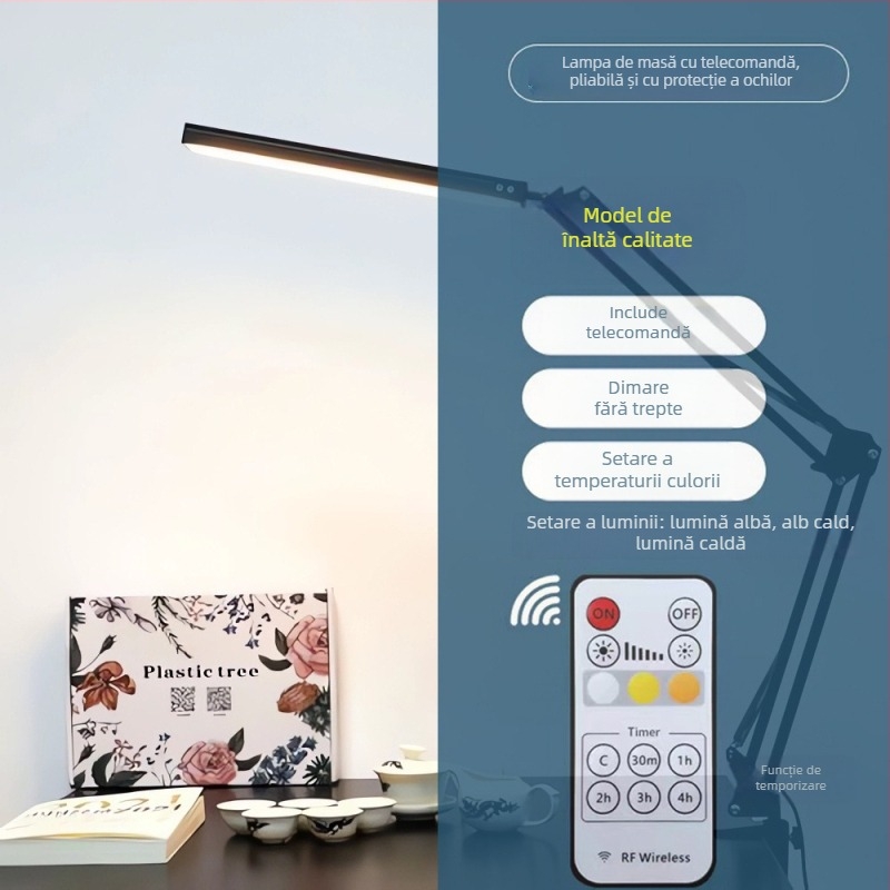 Lampă de birou LED cu braț lung și pliabilă pentru studiu și camin – protecție a ochilor, telecomandă, alimentare USB, abajur metalic, CRI ≥90