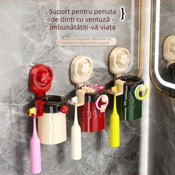Qiwang Suport pentru Periuțe cu Ventuză, Set de Pahare de Clătire, Montaj pe Perete, Din Plastic