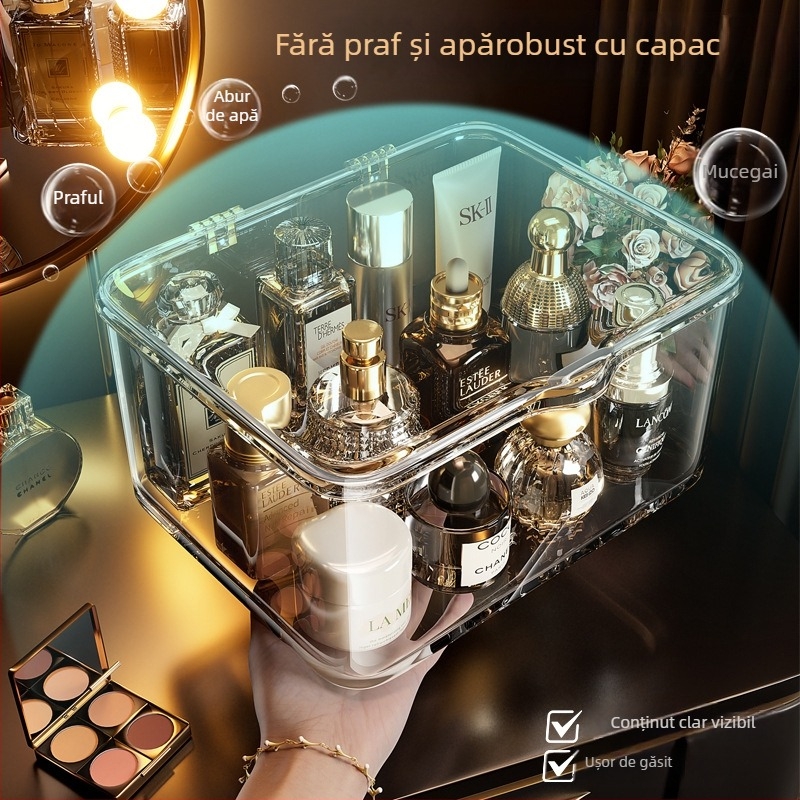 Organizator pentru cosmetice – cutie acrilică transparentă de birou cu capac, pentru rujuri, măști și obiecte mici