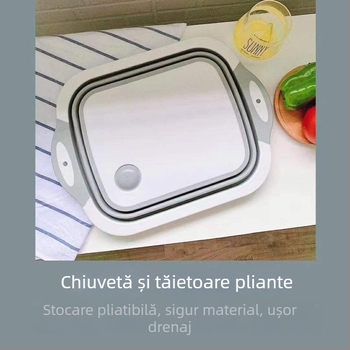 Placă de tăiat din plastic cu două straturi, pliabilă, cu vas de spălat legume portabil, retractabil