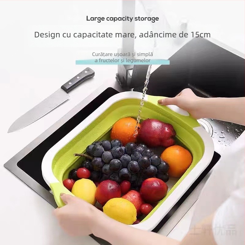 Placă de tăiat din plastic cu două straturi, pliabilă, cu vas de spălat legume portabil, retractabil