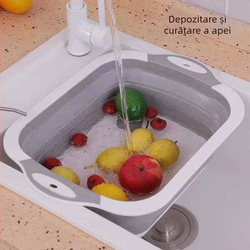 Placă de tăiat din plastic cu două straturi, pliabilă, cu vas de spălat legume portabil, retractabil