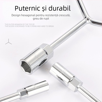 Cheie cu soclu — design cu trei brațe și formă în Y, instrument pentru repararea anvelopei și motocicletei, din oțel cu carbon înalt, marcă Powerful Merchant