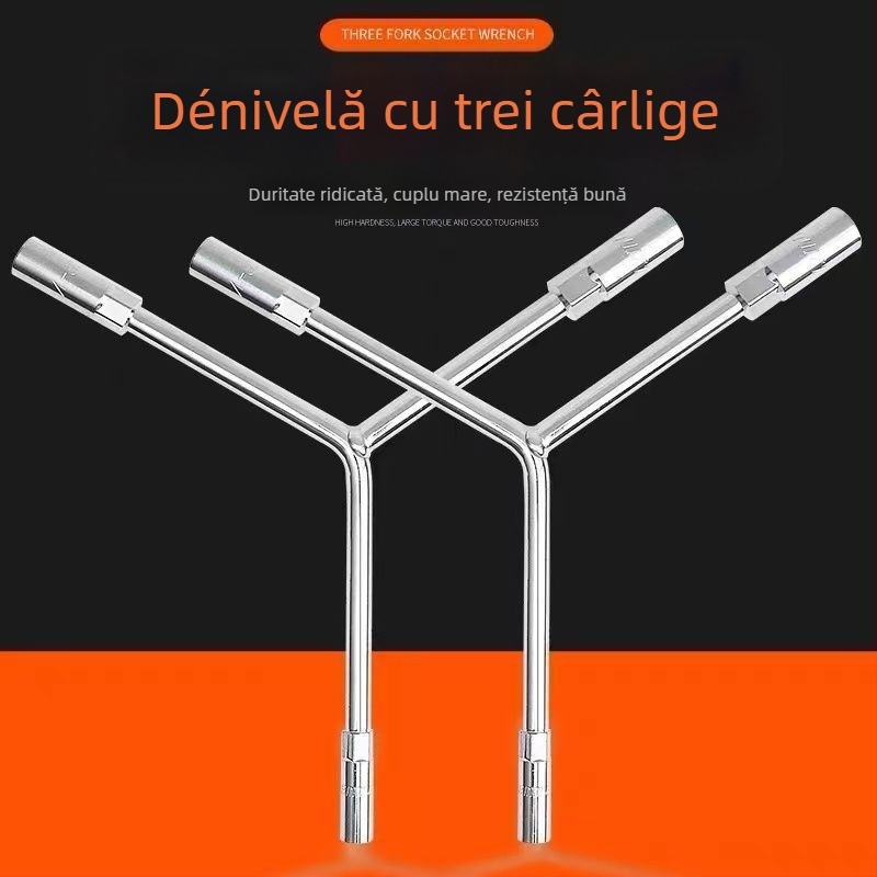 Cheie cu soclu — design cu trei brațe și formă în Y, instrument pentru repararea anvelopei și motocicletei, din oțel cu carbon înalt, marcă Powerful Merchant