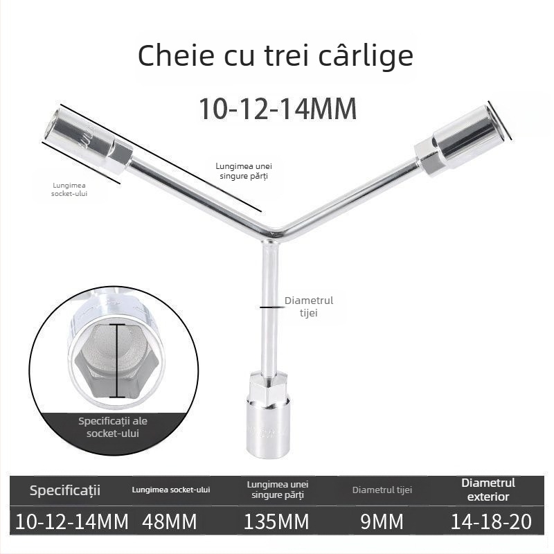 Cheie cu soclu — design cu trei brațe și formă în Y, instrument pentru repararea anvelopei și motocicletei, din oțel cu carbon înalt, marcă Powerful Merchant