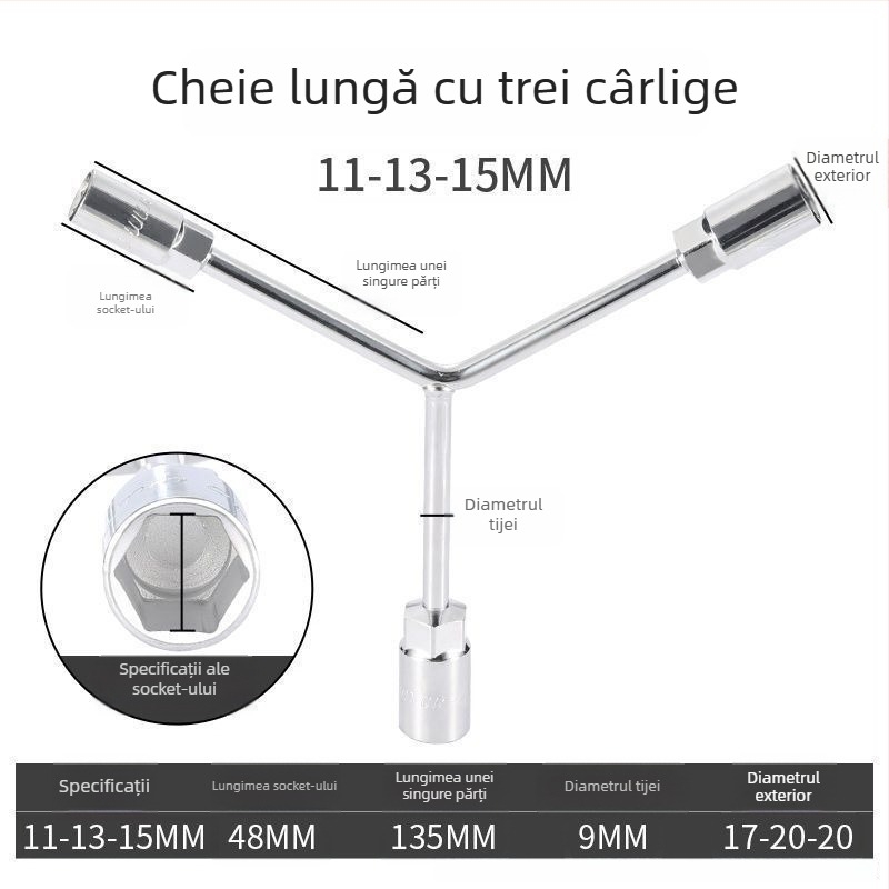 Cheie cu soclu — design cu trei brațe și formă în Y, instrument pentru repararea anvelopei și motocicletei, din oțel cu carbon înalt, marcă Powerful Merchant