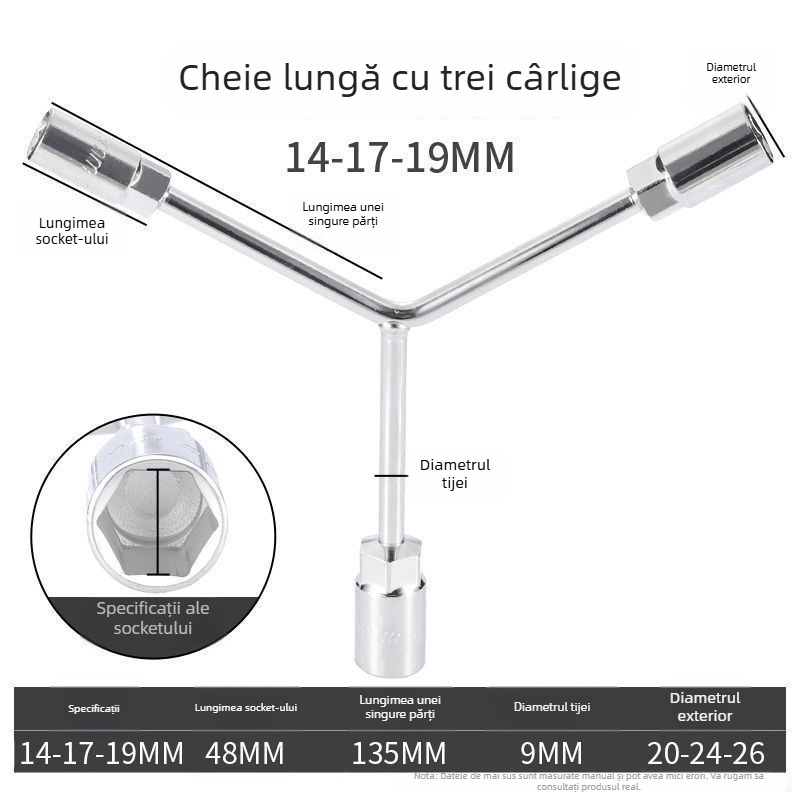 Cheie cu soclu — design cu trei brațe și formă în Y, instrument pentru repararea anvelopei și motocicletei, din oțel cu carbon înalt, marcă Powerful Merchant